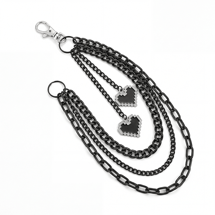 Black 3-layer wallet pant chain with pixel 8-bit heart charms black and light grey outline, flat lay white background - BlackLayeredHeartWalletChain