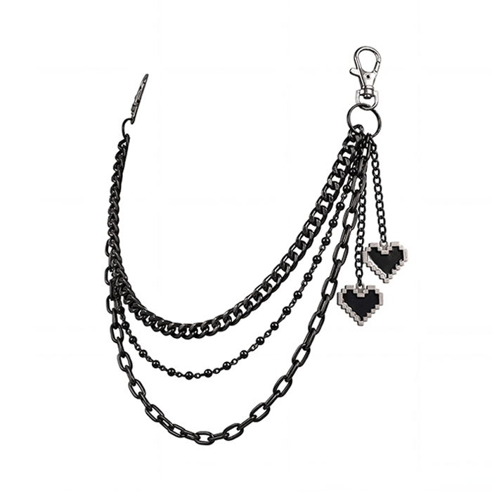 Black layered wallet pant chain with pixel 8-bit heart charms, white background product shot