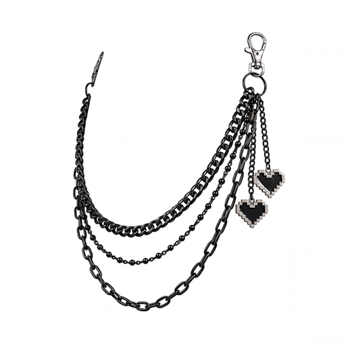 Black layered wallet pant chain with pixel 8-bit heart charms, white background product shot