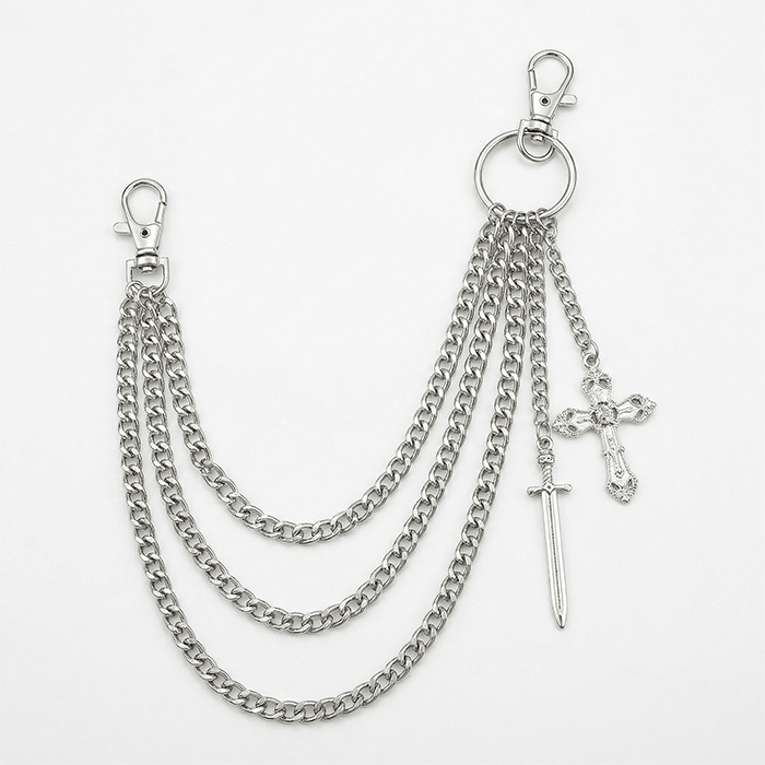 Silver 3-layer pant chain with ornate gothic cross and dagger charms, 2 lobster clasps, flat lay white background