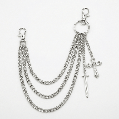 Silver 3-layer pant chain with ornate gothic cross and dagger charms, 2 lobster clasps, flat lay white background