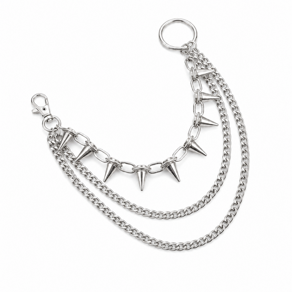 Silver spike layered wallet chain on a white background, unisex punk accessory