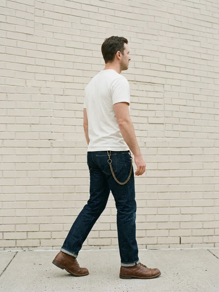 Workwear outfit with bronze wallet chain, men