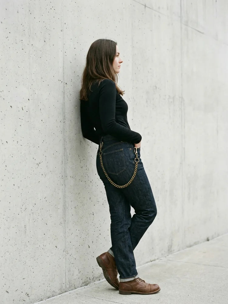 Raw denim outfit with bronze wallet chain, women