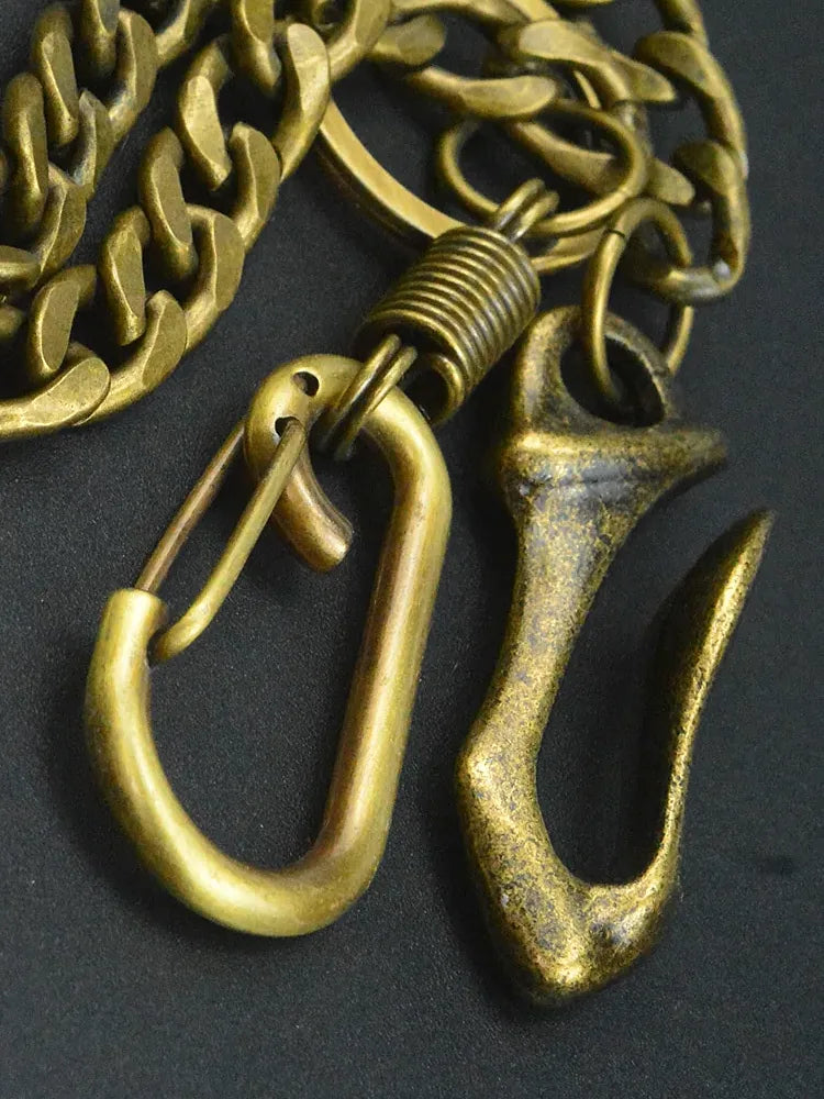 Bronze wallet chain close-up of carabiner and fish hook