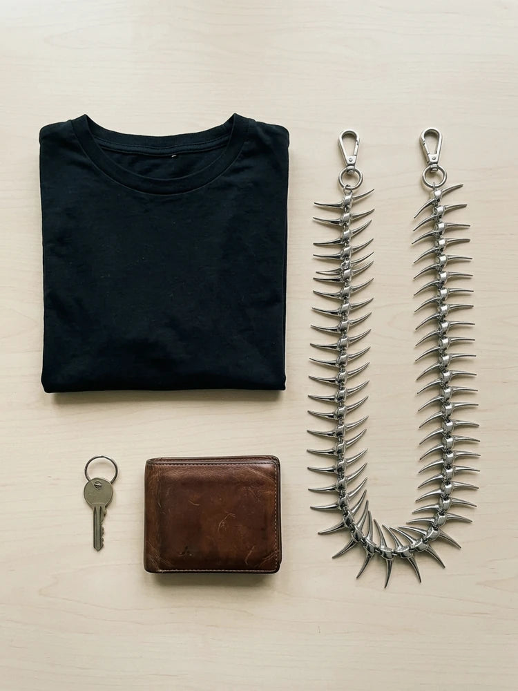 Spike wallet chain flat lay with wallet and key