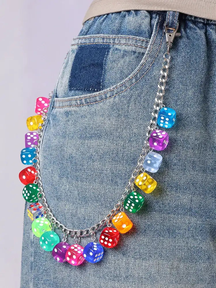 Colorful dice pants chain on light wash jeans