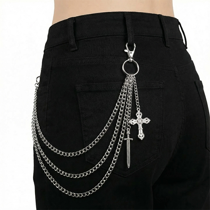 Cross and dagger silver wallet chain worn on black pants back view