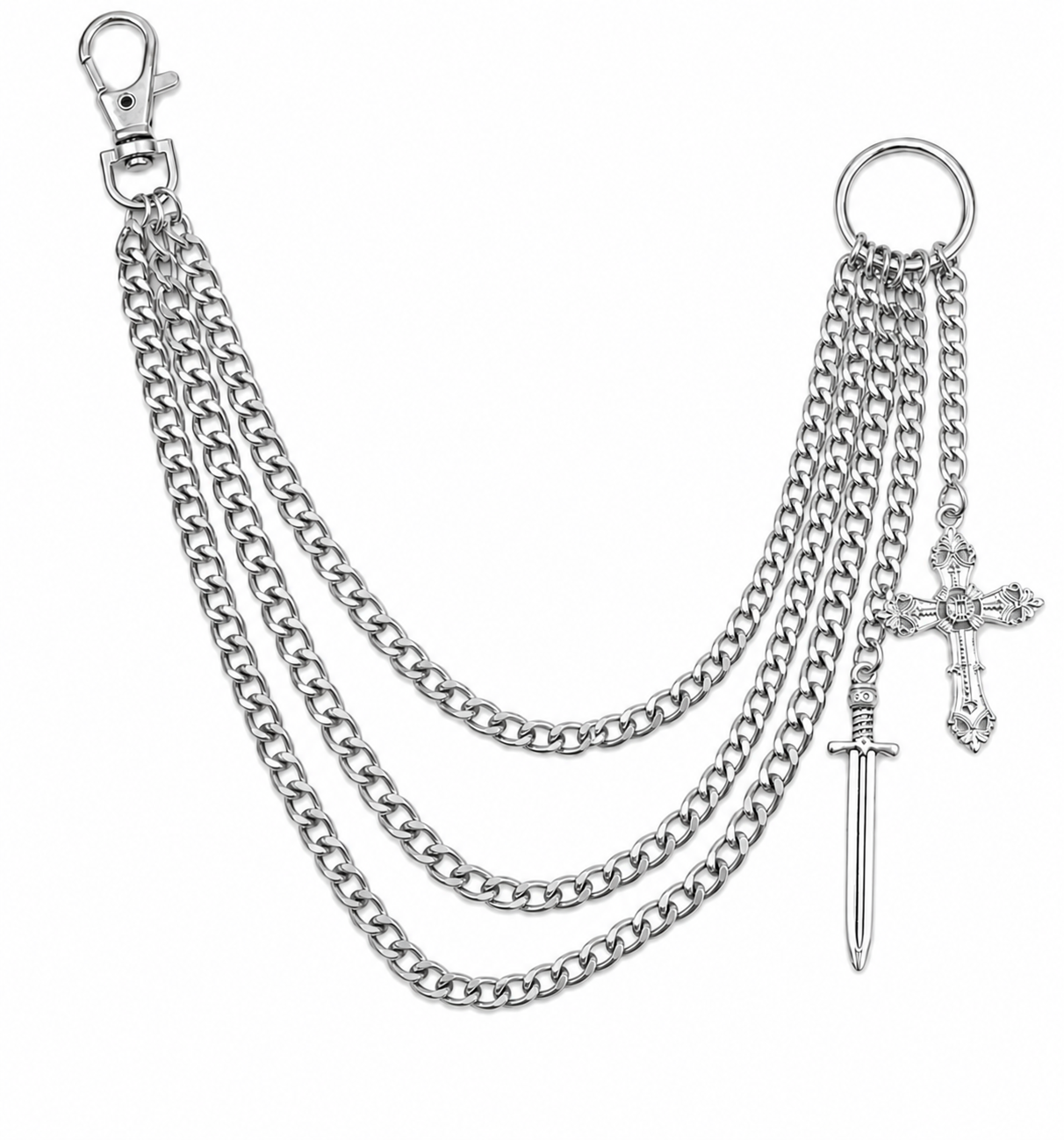 Cross dagger silver wallet chain on a white background, unisex gothic accessory