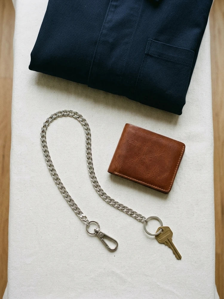 Curb wallet chain flat lay with wallet and key