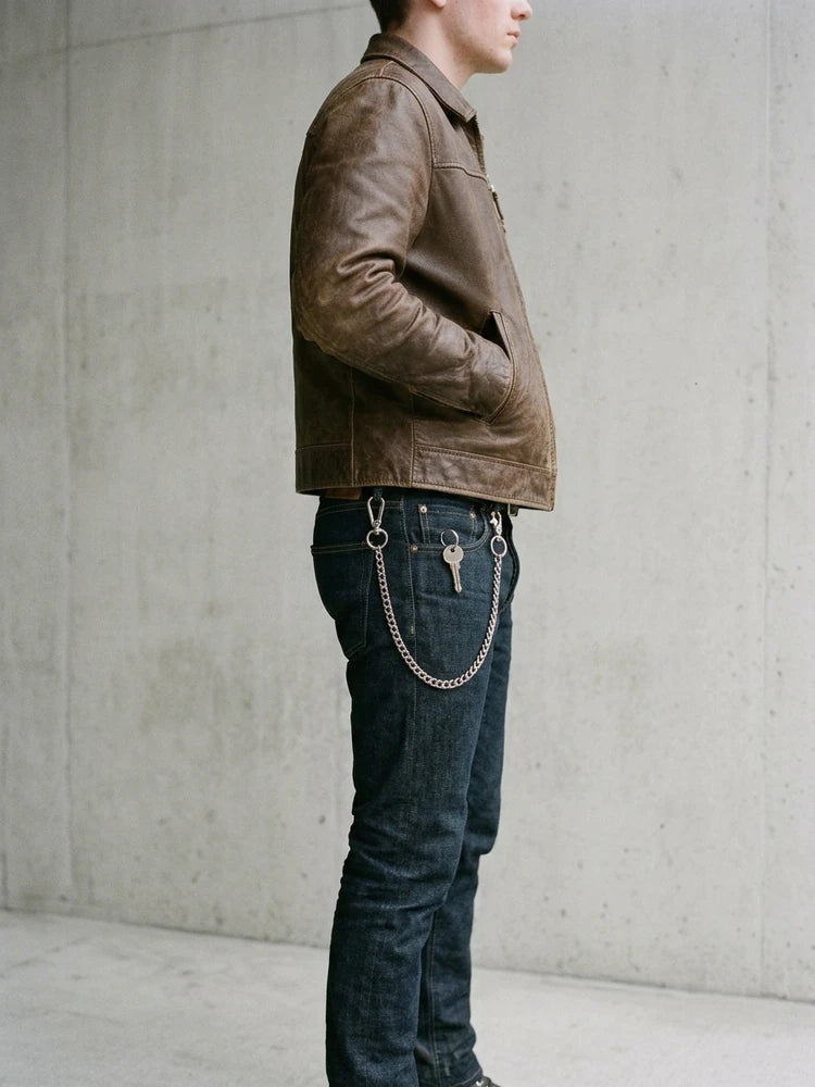 Biker outfit with curb wallet chain, men