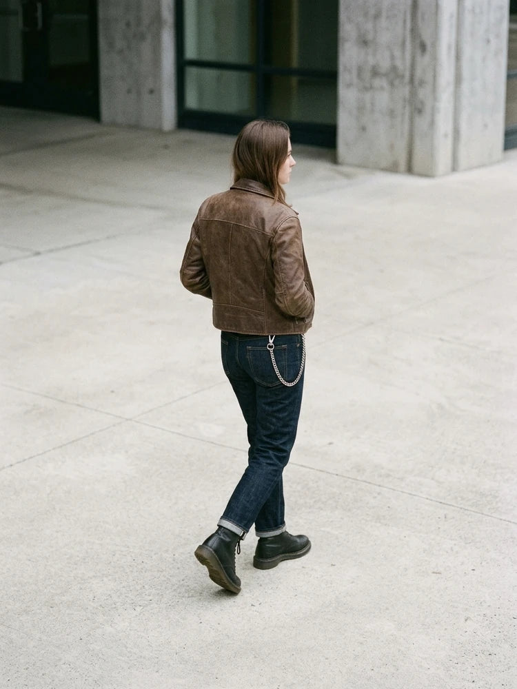 Biker outfit with curb wallet chain, women