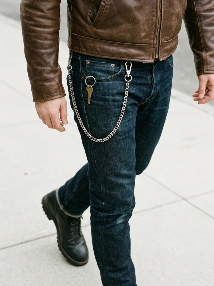 Biker wallet chain while walking in leather jacket