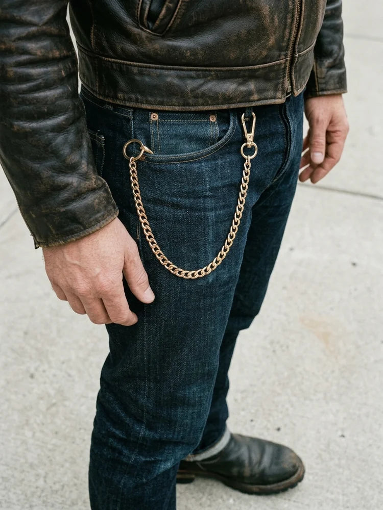 Gold curb wallet chain worn on raw denim