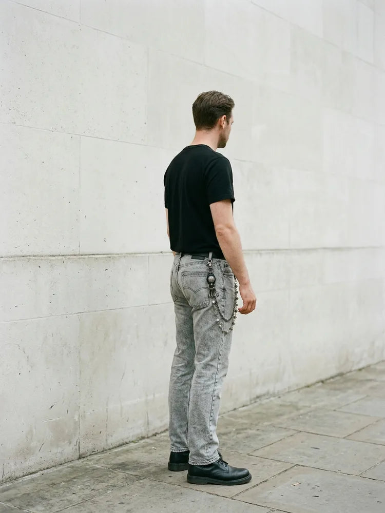 Rock outfit with dice pants chain, men