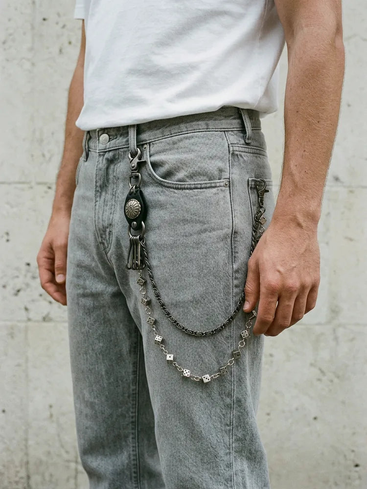 Dice wallet chain worn on grey stone wash jeans