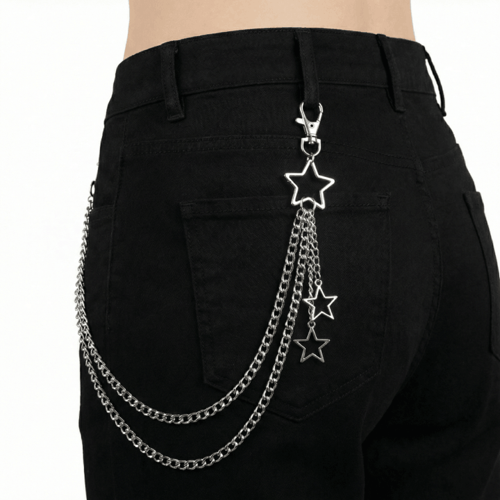 Double star silver wallet chain worn on black pants back view