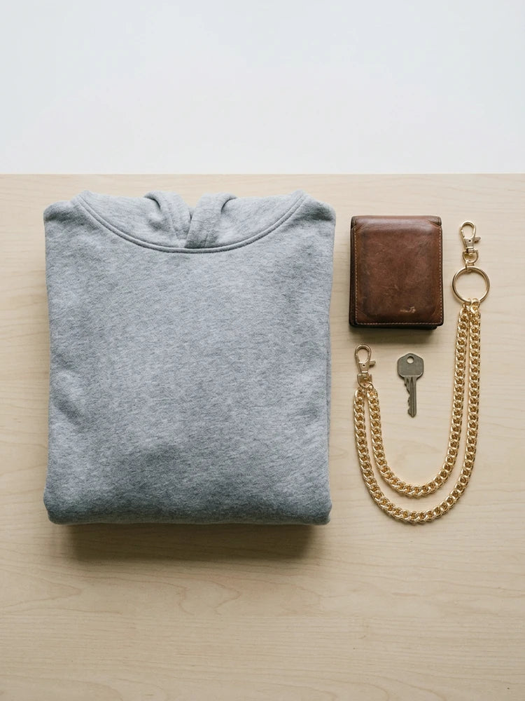 Gold layered wallet chain flat lay with wallet and key