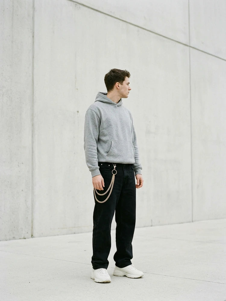 Hip hop outfit with gold layered pants chain, men