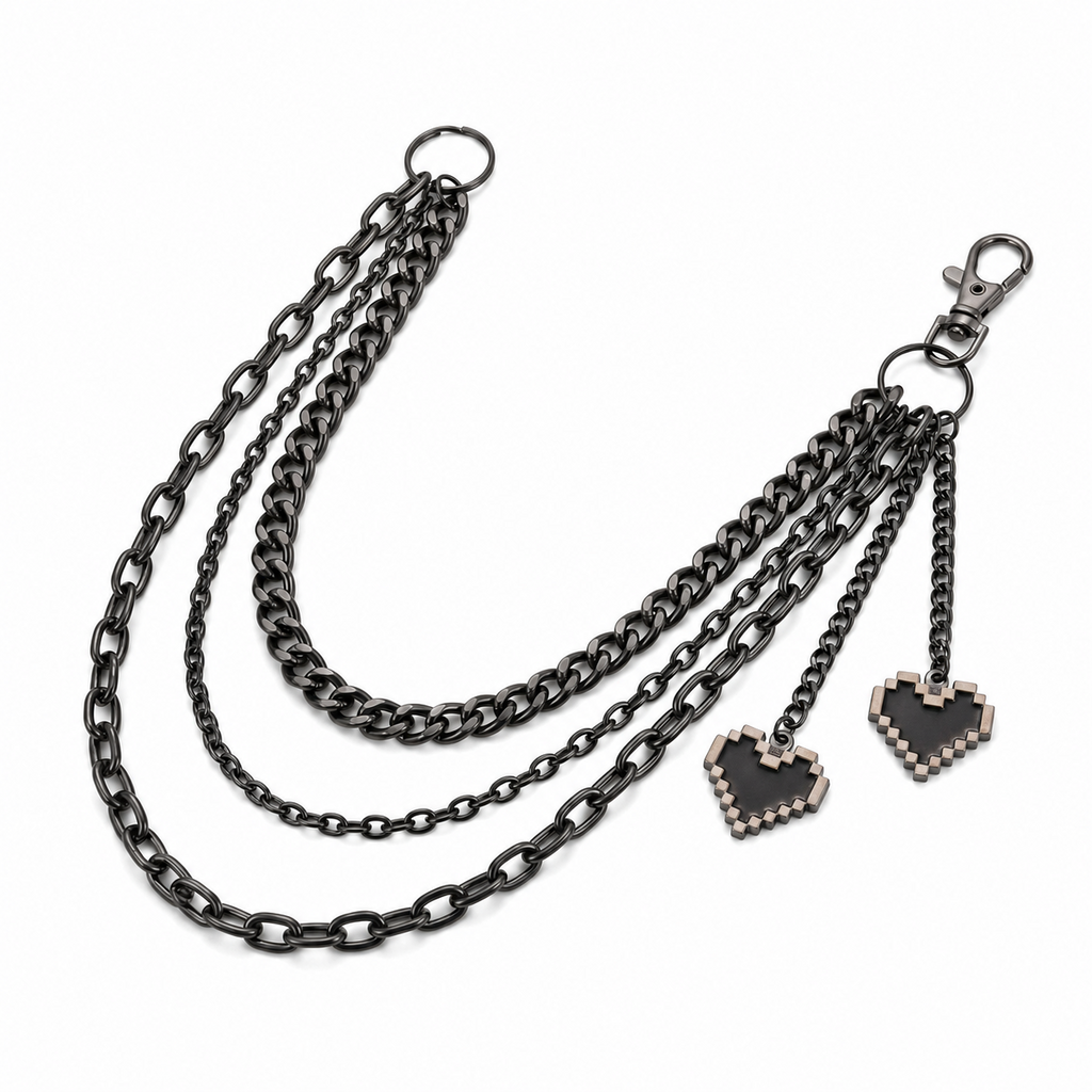 Black layered heart wallet chain on a white background, unisex Y2K accessory
