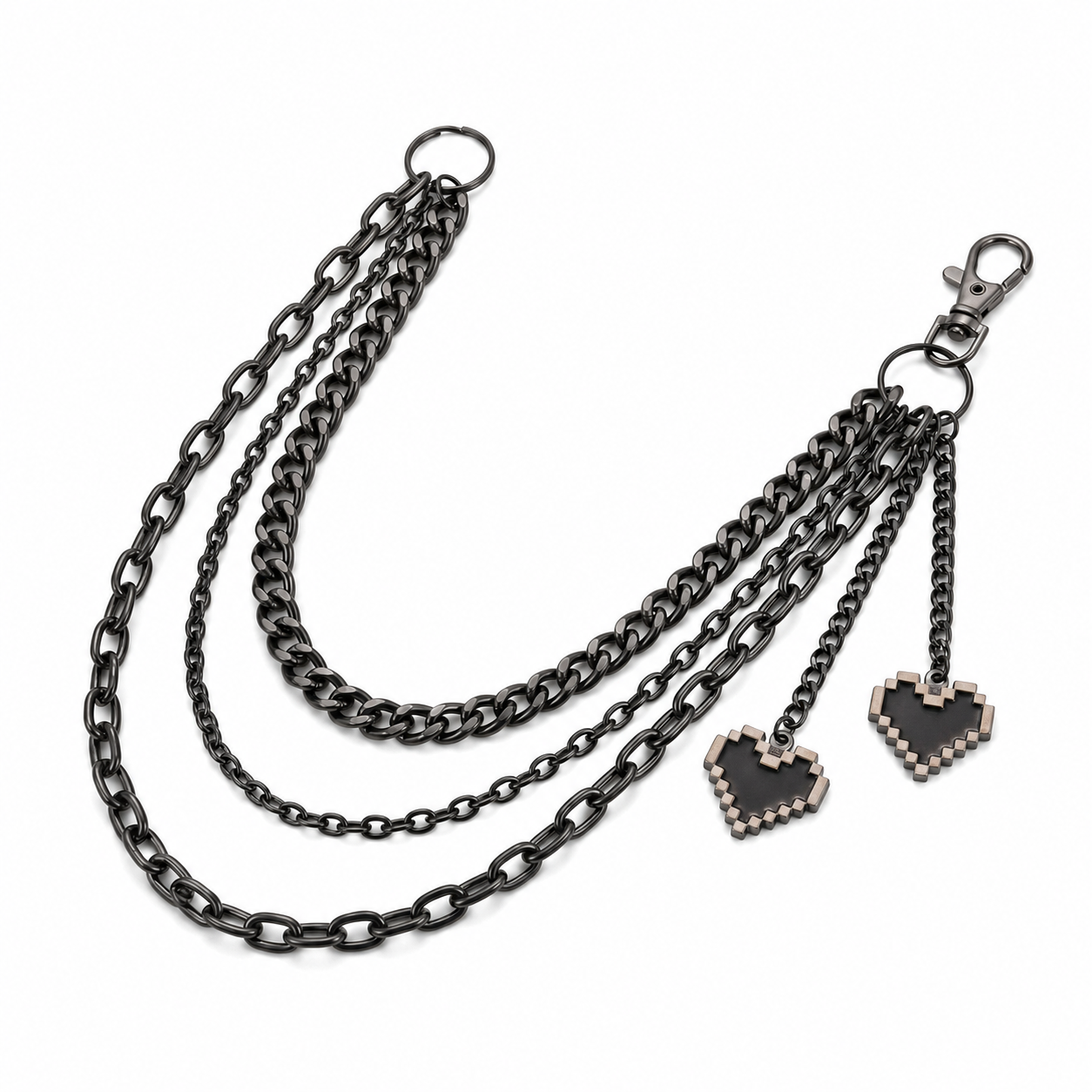 Black layered heart wallet chain on a white background, unisex Y2K accessory