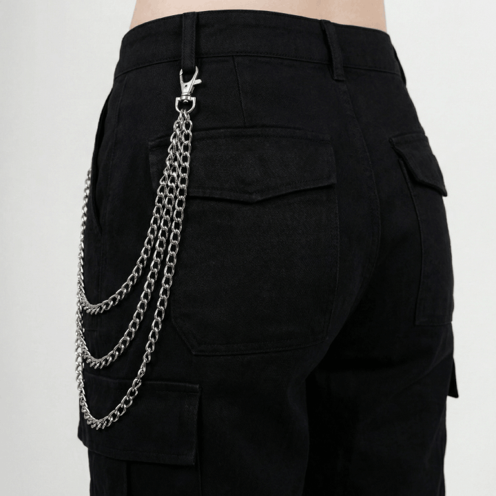 Triple silver pants chain worn on black cargo pants back view