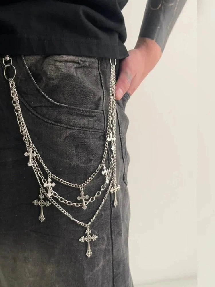Multi cross pants chain with three layers on grey jeans