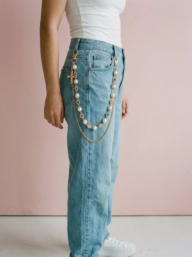 Pearl cross pants chain worn on light blue baggy jeans