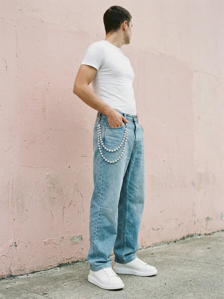 Y2K outfit with rhinestone pants chain, men