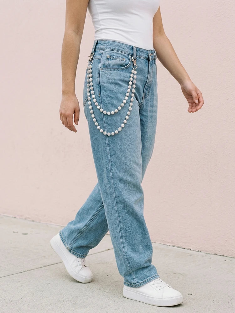 Y2K rhinestone jeans chain while walking