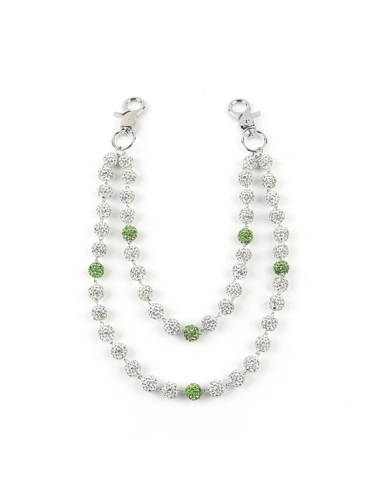 Rhinestone pants chain white with green accent balls