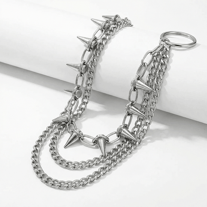 Silver Spike Layered Wallet Chain with double chains and spike accents angled on white background