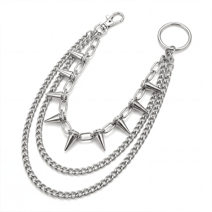 Silver Spike Layered Wallet Chain with double chains and spike details on white background