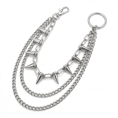 Silver Spike Layered Wallet Chain with double chains and spike details on white background