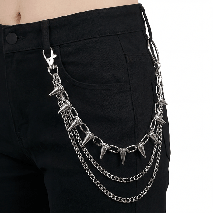 Silver Spike Layered Wallet Chain with double chains and spike details on white background