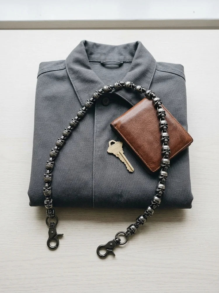 Skull wallet chain flat lay with wallet and key