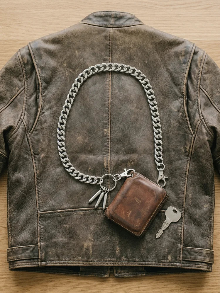 Biker wallet chain flat lay with leather wallet