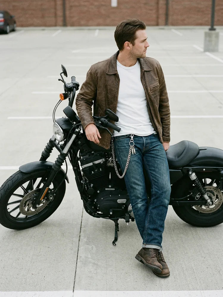 Biker outfit with heavy curb wallet chain, men