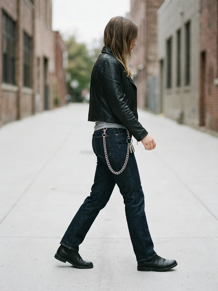Biker outfit with stainless wallet chain, women
