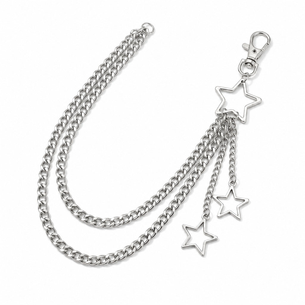 Double star silver wallet chain on a white background, unisex Y2K accessory