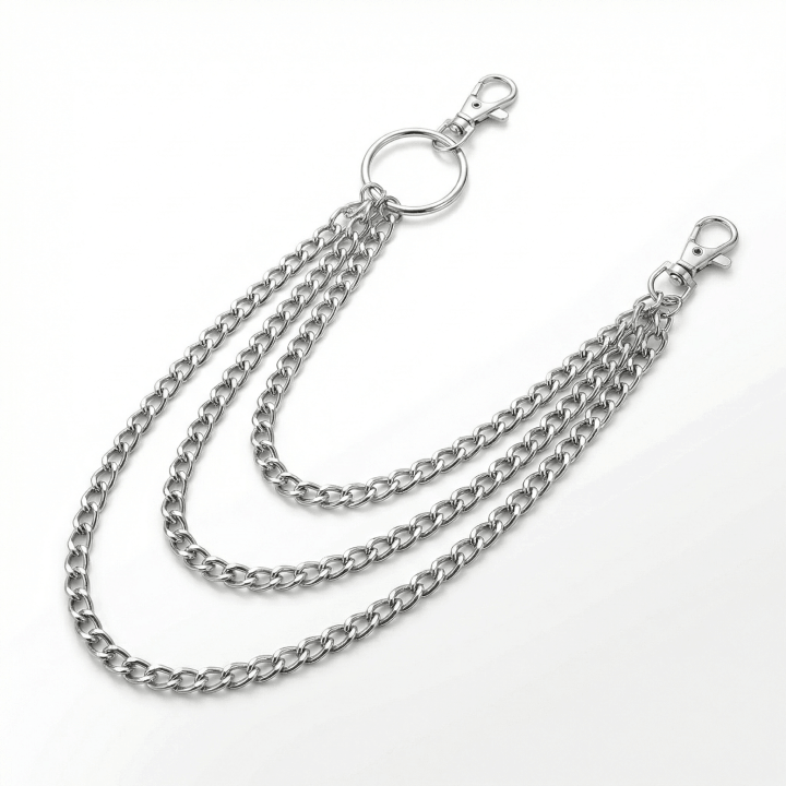 Triple layered silver stainless steel pants chain product shot
